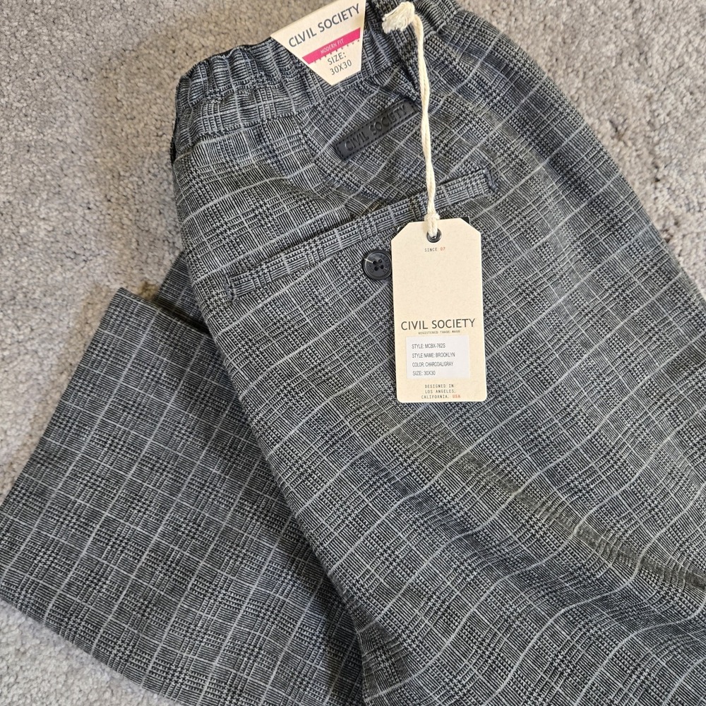 CIVIL SOCIETY Brooklyn Pants Mens Size 30 Gray Plaid Knit Elastic Waistband